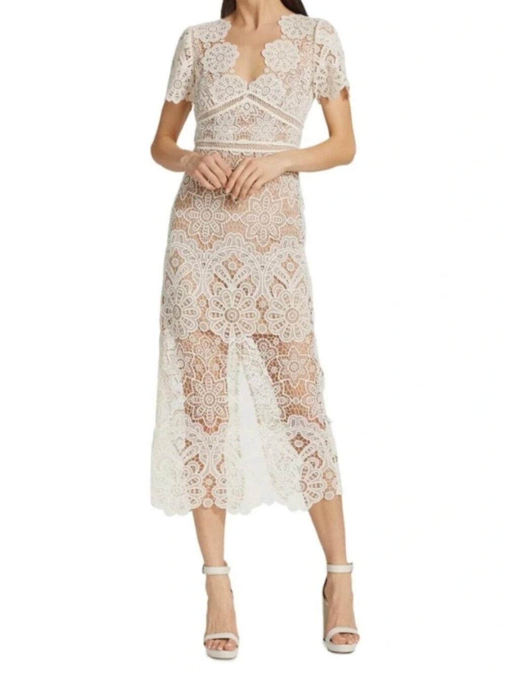 Self-Portrait White Lace Midi Dress with Floral Crochet